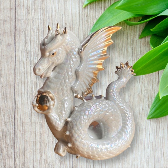 japan Other - Vintage Intricate Carved Glossy White with Gold Trim Japanese Dragon Figurine